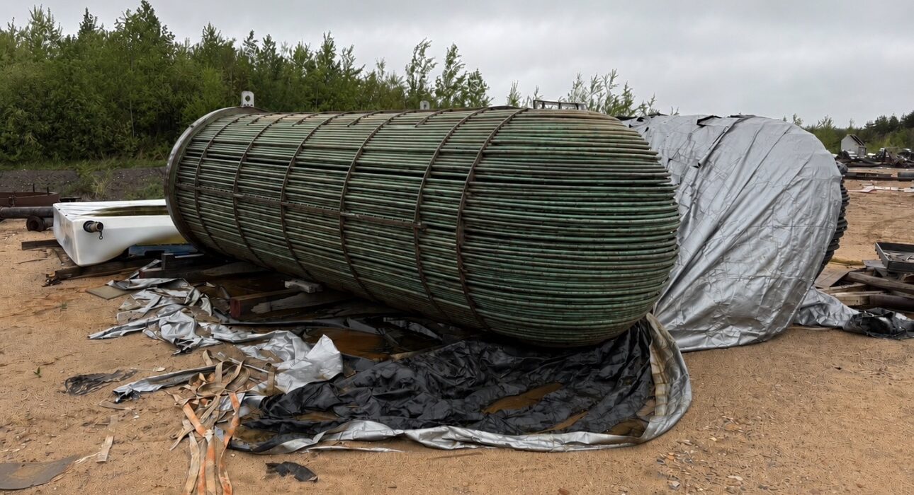 Rows of industrial cylindrical heat exchanger components and process equipment staged for nationwide pickup and resale